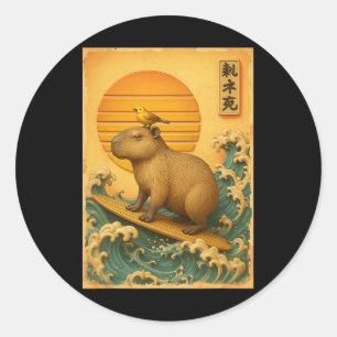 Pegatina Redonda Ola de surf Capyra Arte japonés vintage Ukiyo-e