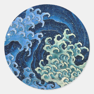 Pegatina Redonda Ola Femenina de Hokusai Vintage Océano
