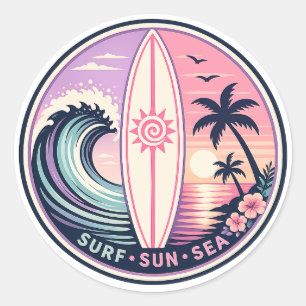 Pegatina Redonda Ola Tropical Retro Surf • Sol • Mar Insignia Vin