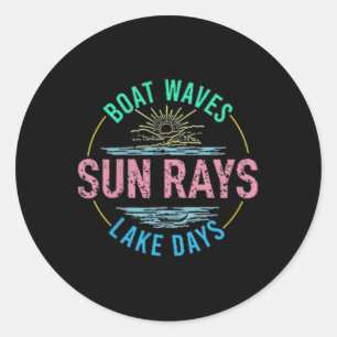 Pegatina Redonda Olas de barco Sun Rays Lake Days Cute Retro 70 Sum
