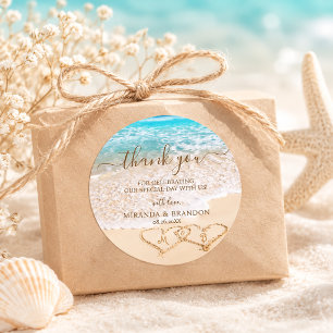Pegatina Redonda Olas de Océano Azul Favor de Boda en Playa Tropica
