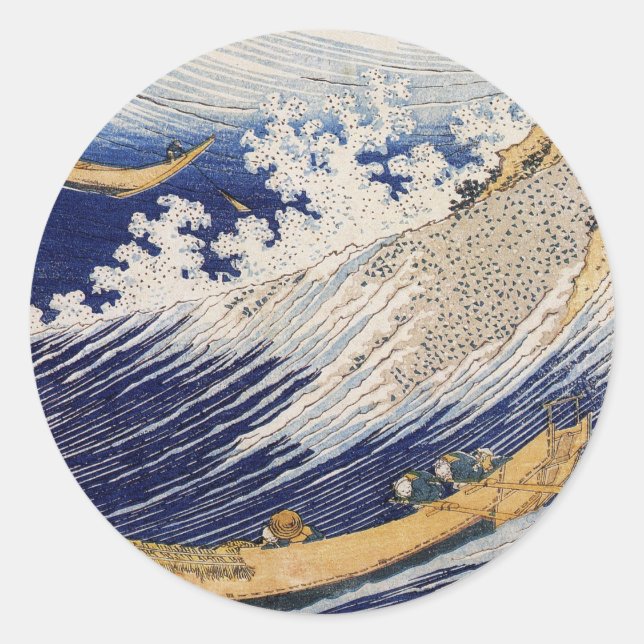 Pegatina Redonda Olas del Océano de Hokusai Barcos Marítimos (Anverso)