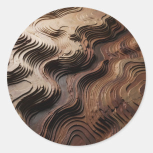 Pegatina Redonda Olas Topográficas de Madera Estratificada Abstract