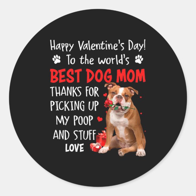 Pegatina Redonda Old English Bulldog Dog Mom Valentines Day Fu  (Anverso)