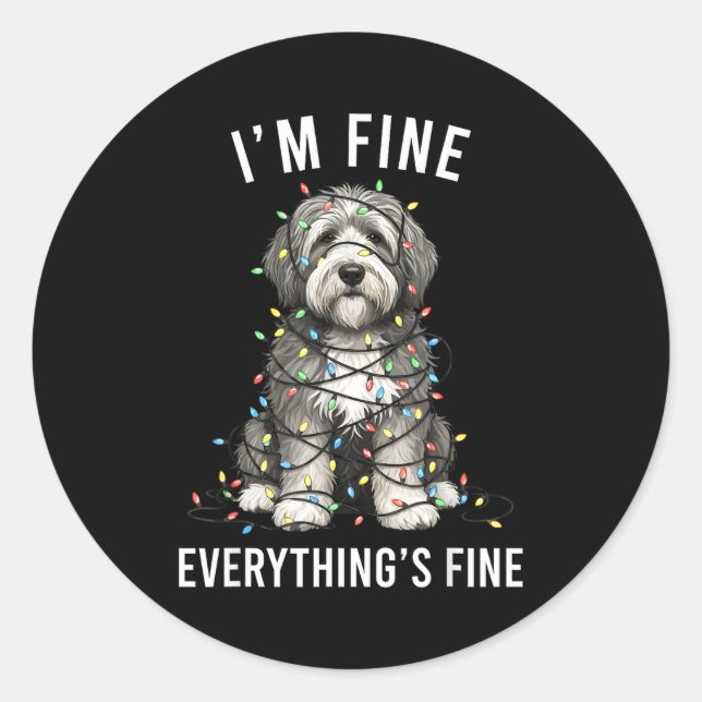 Pegatina Redonda Old English Sheepdog Christmas I'm Fine Everything (Anverso)