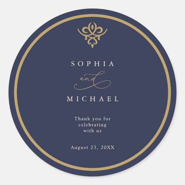 Pegatina Redonda Old Money Navy Blue Wedding Sticker (Anverso)