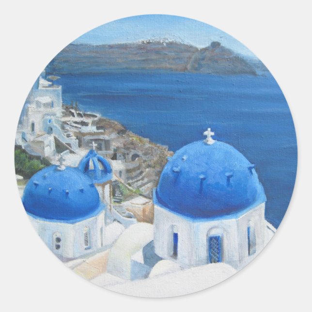 Pegatina Redonda Oleografía de Santorini Oia (Anverso)