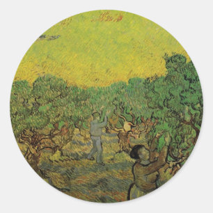 Pegatina Redonda Olivar con figuras cosechando, Vincent van Gogh