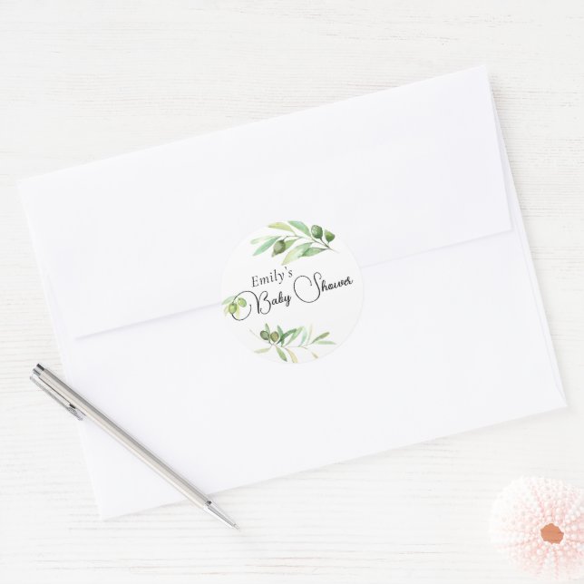 Pegatina Redonda Olive branch Baby Shower Modern minimalista (Sobre)