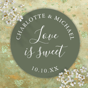 Pegatina Redonda Olive Green Love Is Sweet Favor de Boda 