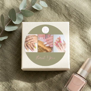 Pegatina Redonda Olive Green Pink Logo Foto Uñas Salón de Agradecim
