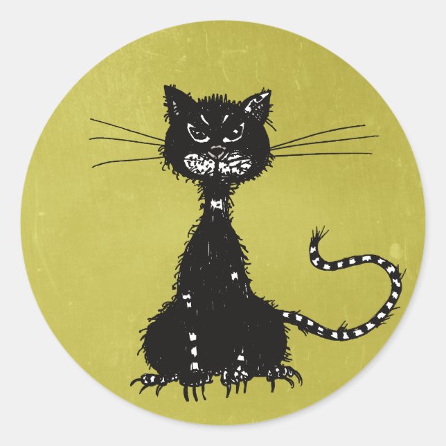 Pegatina Redonda Olive Green Ragated Evil Black Cat (Anverso)