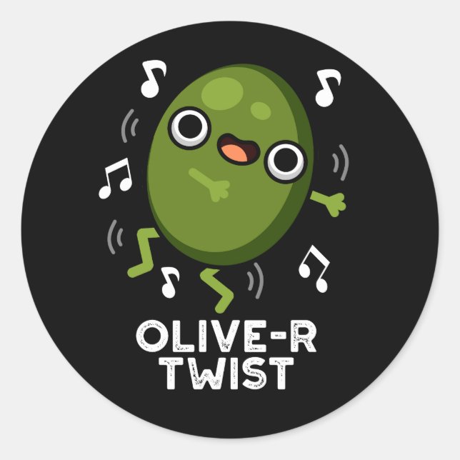Pegatina Redonda Olive-r Twist Funny Fruit Olive Pun Dark BG (Anverso)