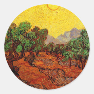 Pegatina Redonda Olivos con cielo amarillo y sol