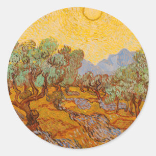 Pegatina Redonda Olivos de Van Gogh Cielo Sol Amarillo