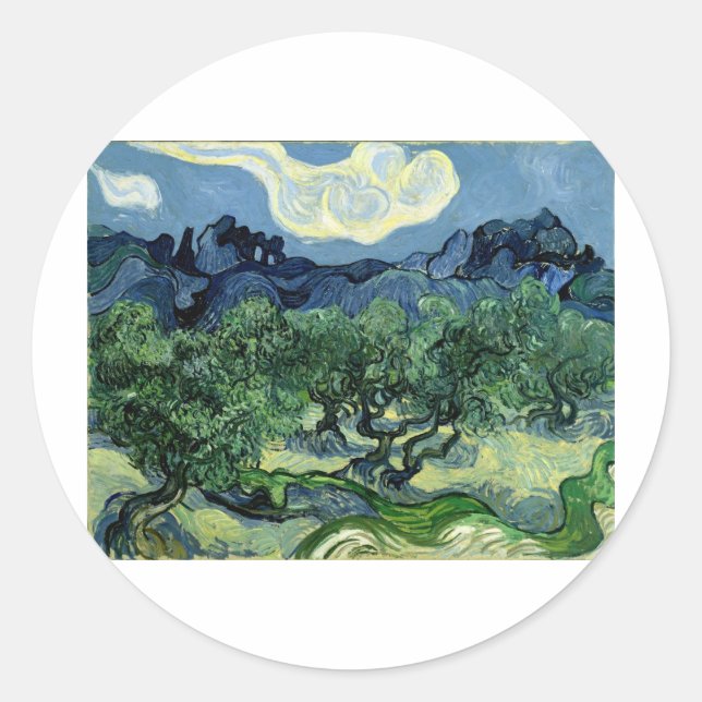 Pegatina Redonda Olivos de Vincent van Gogh (1889) (Anverso)