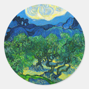 Pegatina Redonda Olivos Van Gogh en un paisaje montañoso
