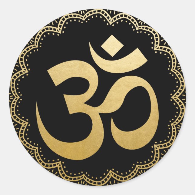Pegatina Redonda Om HIndu Meditation Symbol Yoga Faux Gold Black (Anverso)