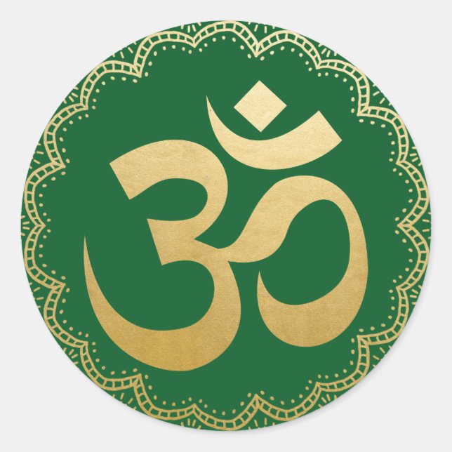 Pegatina Redonda Om HIndu Meditation Symbol Yoga Faux Gold Green (Anverso)