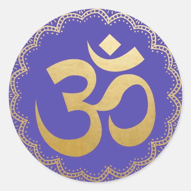 Pegatina Redonda Om HIndu Meditation Symbol Yoga Faux Gold Violet (Anverso)