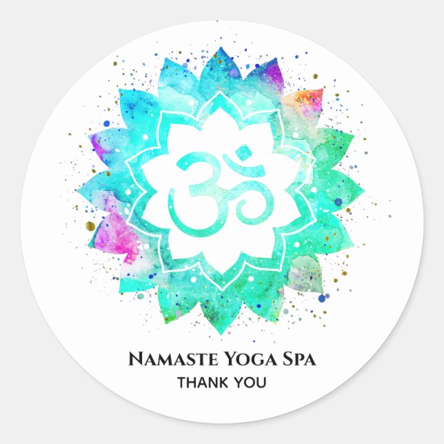 Pegatina Redonda *~* OM Mandala Símbolo Aum espiritual Flor Lotus (Anverso)