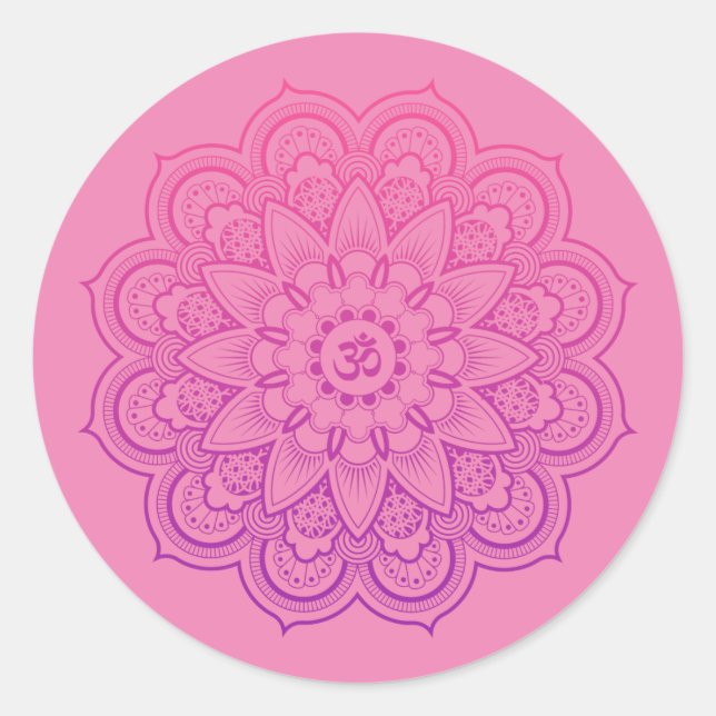 Pegatina Redonda OM Mandala Zen Meditation in Pink and Purple (Anverso)
