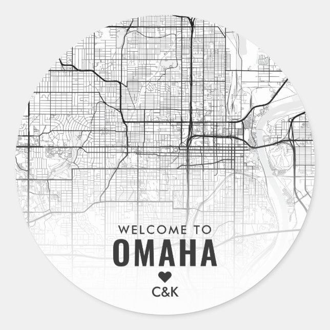 Pegatina Redonda Omaha, Mapa de Nebraska | Bienvenida Boda (Anverso)