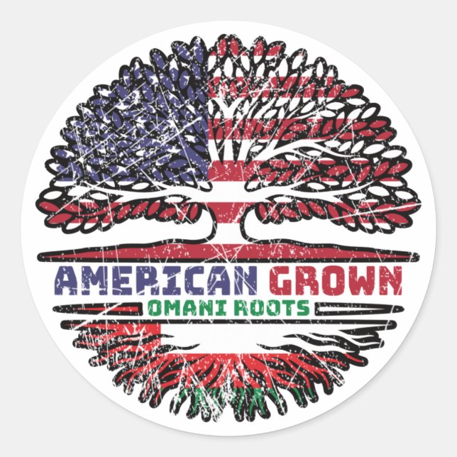 Pegatina Redonda Oman Omani American USA Tree Roots Flag (Anverso)