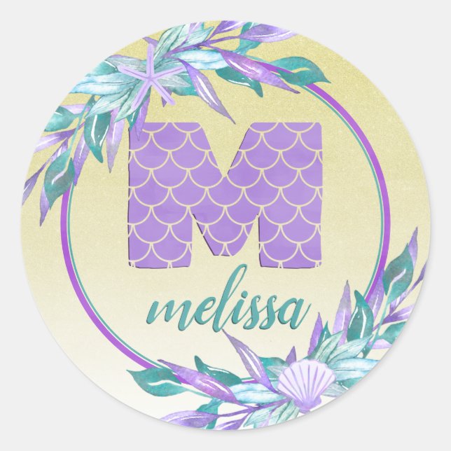 Pegatina Redonda Ombre Floral acuarela Escales de sirena Monograma (Anverso)
