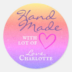 Pegatina Redonda Ombre hecho a mano con amor Corazón Arcoiris Papel