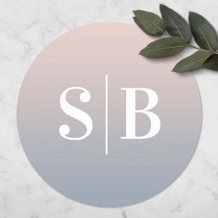 Pegatina Redonda Ombre Monogramado Boda rosa claro y azul turbio