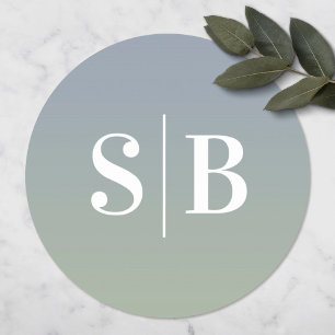 Pegatina Redonda Ombre Monogramado Dusty Blue & Green Boda