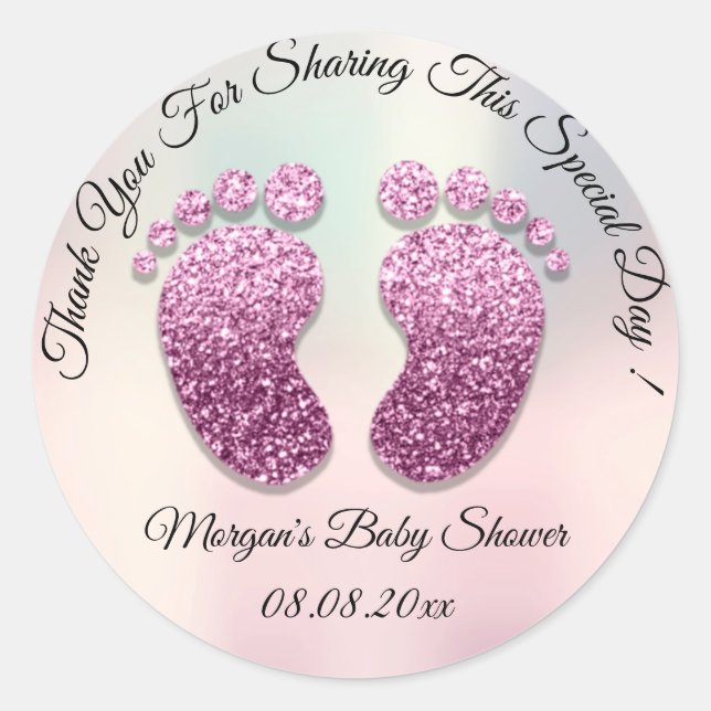 Pegatina Redonda Ombre Purpurina Feet Baby Shower Favor Gracias (Anverso)