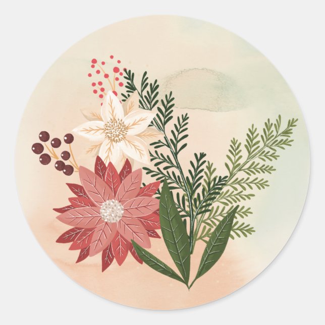 Pegatina Redonda Ombre Watercolor Poinsettia Navidad Holiday (Anverso)