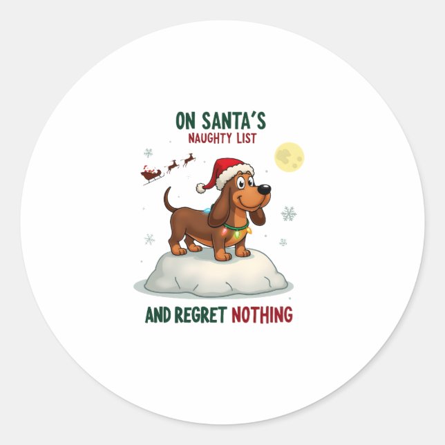 Pegatina Redonda On Santa's Xmas Naughty List Regret Nothing Basset (Anverso)