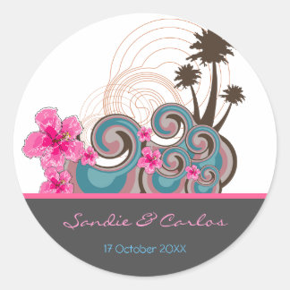 Pegatina Redonda Ondas tropicales de Hibiscus rosa Boda de destino