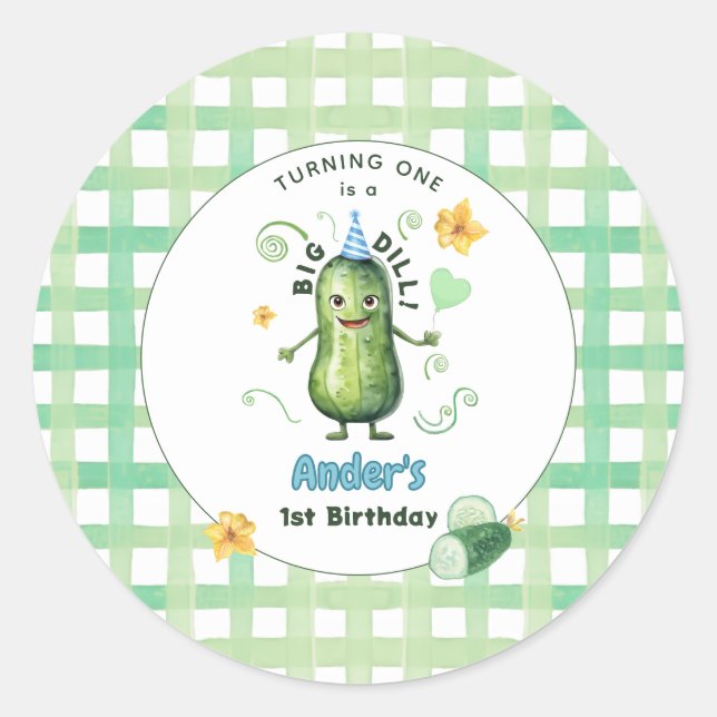 Pegatina Redonda One Big Dill Pickle First Birthday Blue (Anverso)