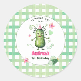 Pegatina Redonda One Big Dill Pickle First Birthday Pink