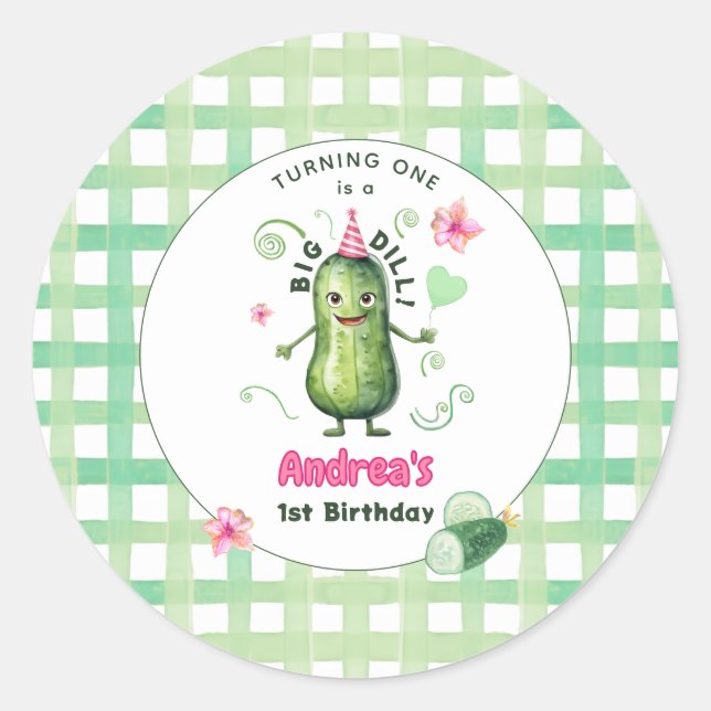 Pegatina Redonda One Big Dill Pickle First Birthday Pink (Anverso)