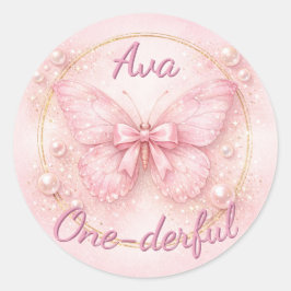 Pegatina Redonda One-derful Pink Butterfly 1st Birthday 