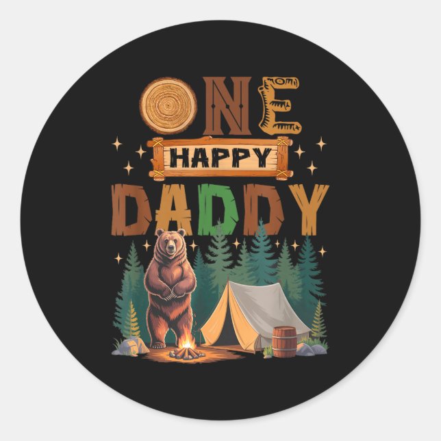 Pegatina Redonda One Happy Daddy Camper 1st Birthday Camng Bear  (Anverso)