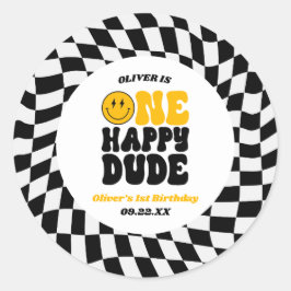 Pegatina Redonda One Happy Dude Retro First 1st Birthday Party