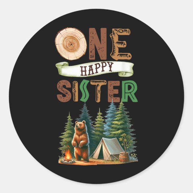 Pegatina Redonda One Happy Sister Camper First Birthday Camping Bea (Anverso)