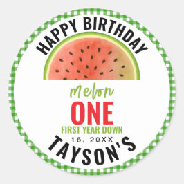 Pegatina Redonda One in a Melon glitter watermelon 1st birthday