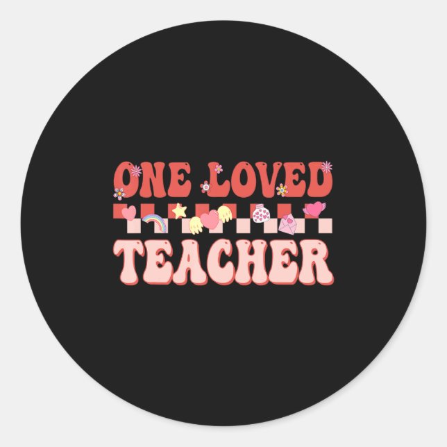 Pegatina Redonda One Loved Teacher Happy Valentines Day Retro Groov (Anverso)