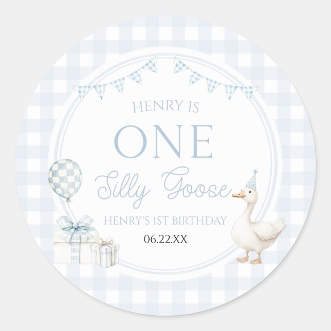 Pegatina Redonda ONE Silly Goose Blue 1st Birthday Party (Anverso)