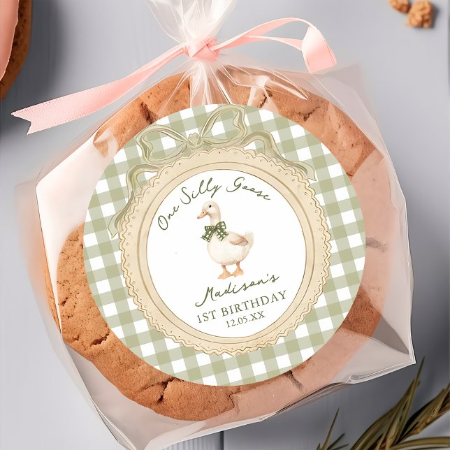 Pegatina Redonda One Silly Goose Bow Gingham 1st Birthday  Sticker (Subido por el creador)