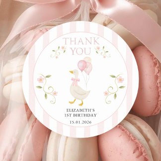 Pegatina Redonda One Silly Goose Girl 1st Birthday Pink Thank You