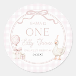 Pegatina Redonda ONE Silly Goose Pink Bow 1st Birthday Party