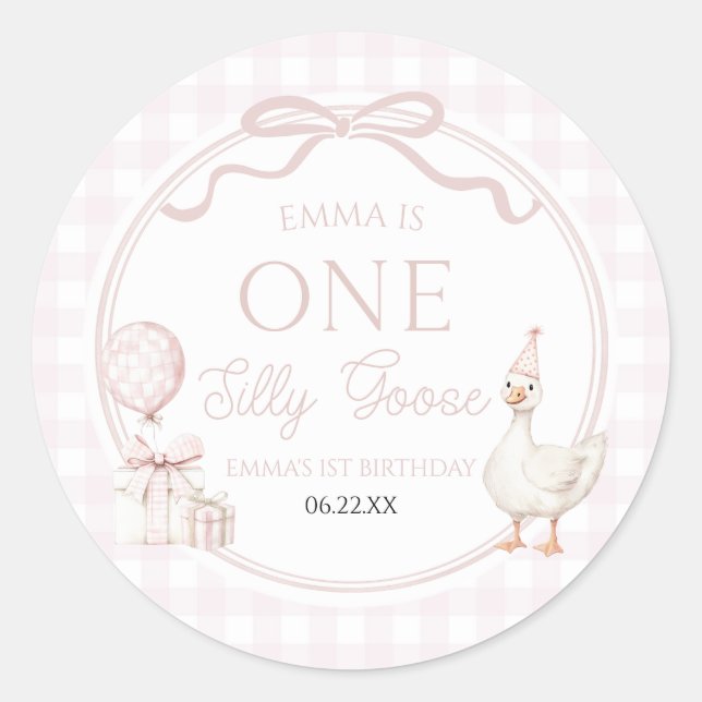 Pegatina Redonda ONE Silly Goose Pink Bow 1st Birthday Party (Anverso)